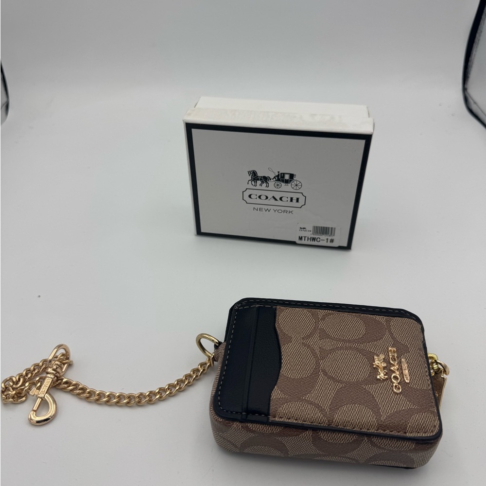 Coach Brown Signature Canvas Card Holder with Black Trim & Gold Chain